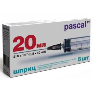 Шприц стерильный одноразовый инъекционный 3-х компонентный с иглой 21G 20 мл "Паскаль"