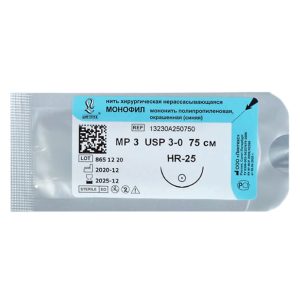 Мононить синяя USP 3-0, 75 cм с иглой 4D 06*20 нейлон
